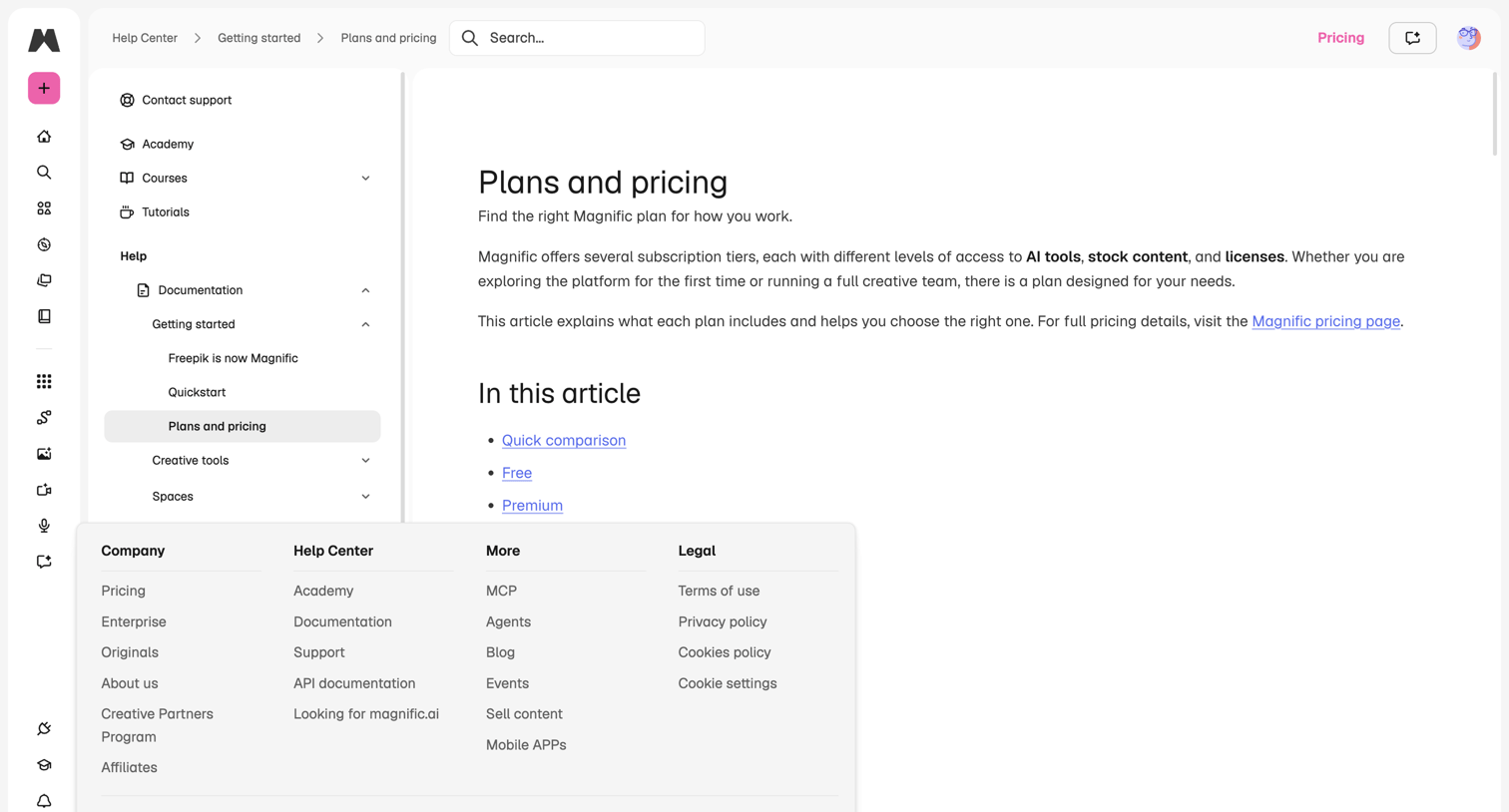 Magnific - Plans and pricing | Magnific Docs screen