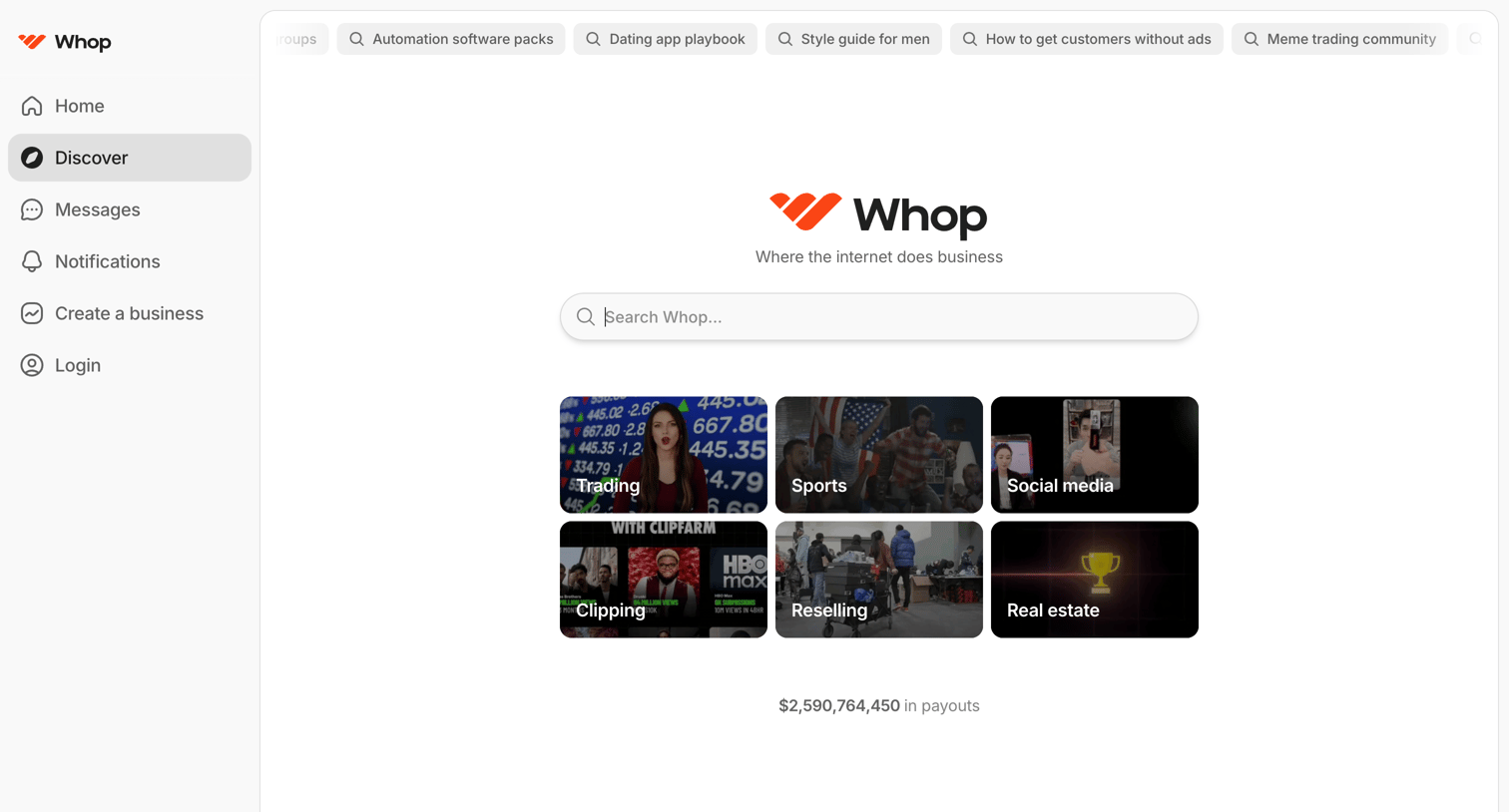 Whop - Discover  Whop screen