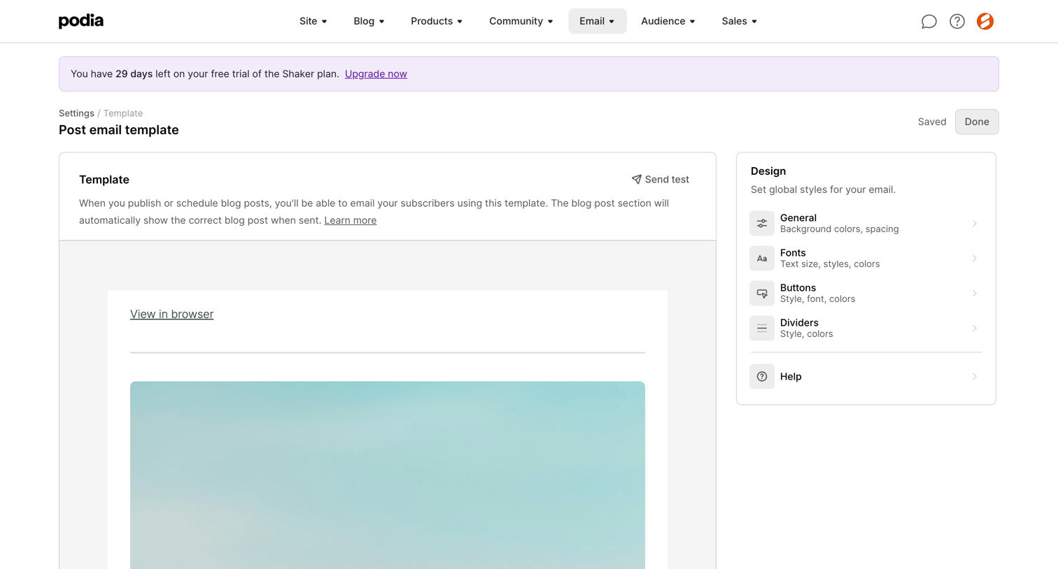 Podia - Podia Post email template screen