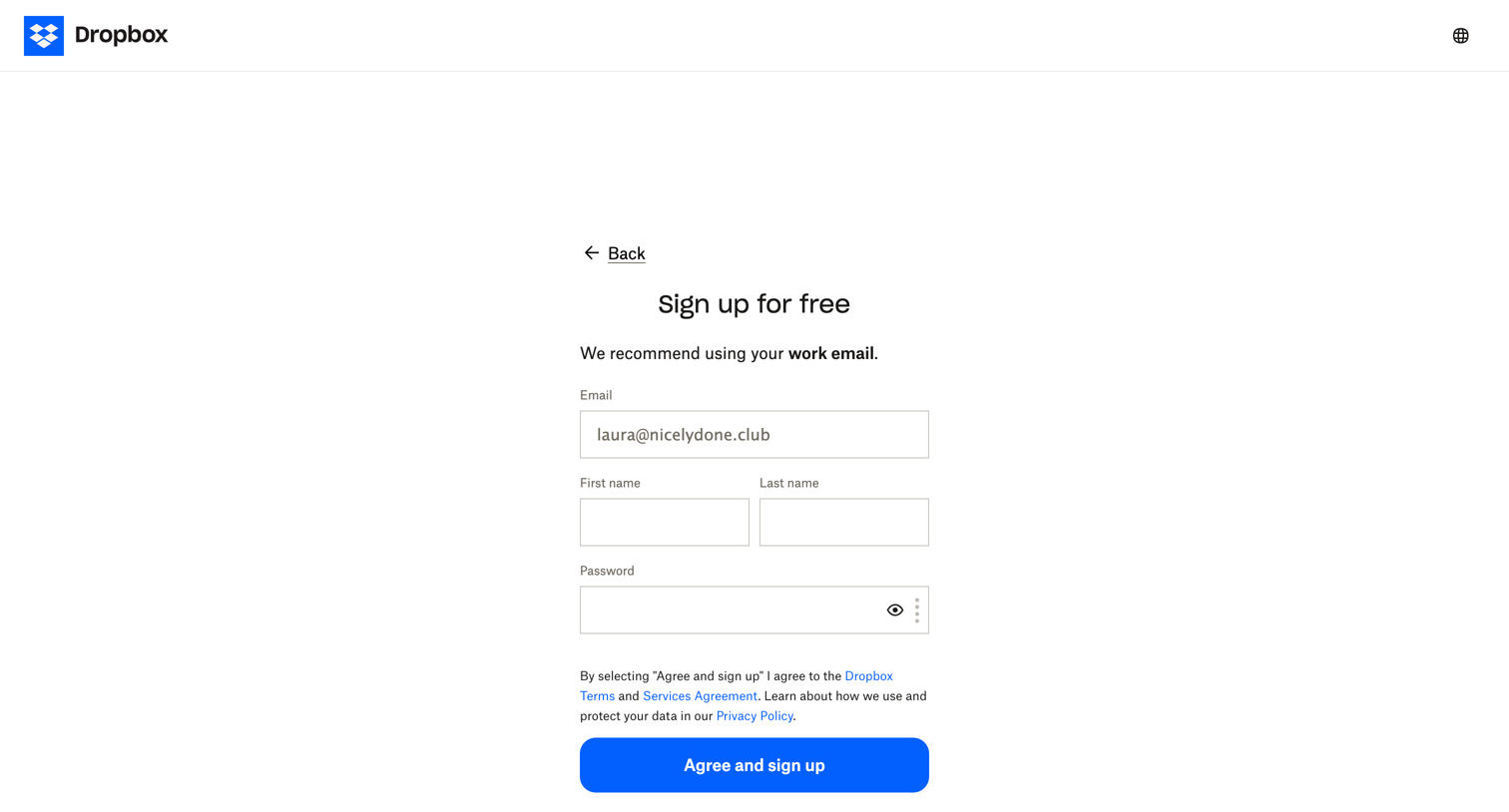 Dropbox - Register - Dropbox screen