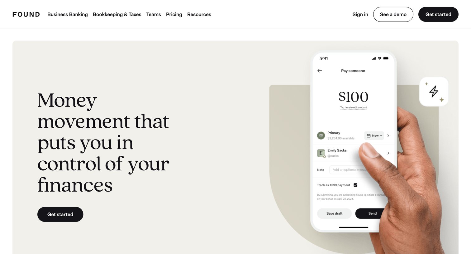 Found - Business Payments & Money Transfers  Found screen