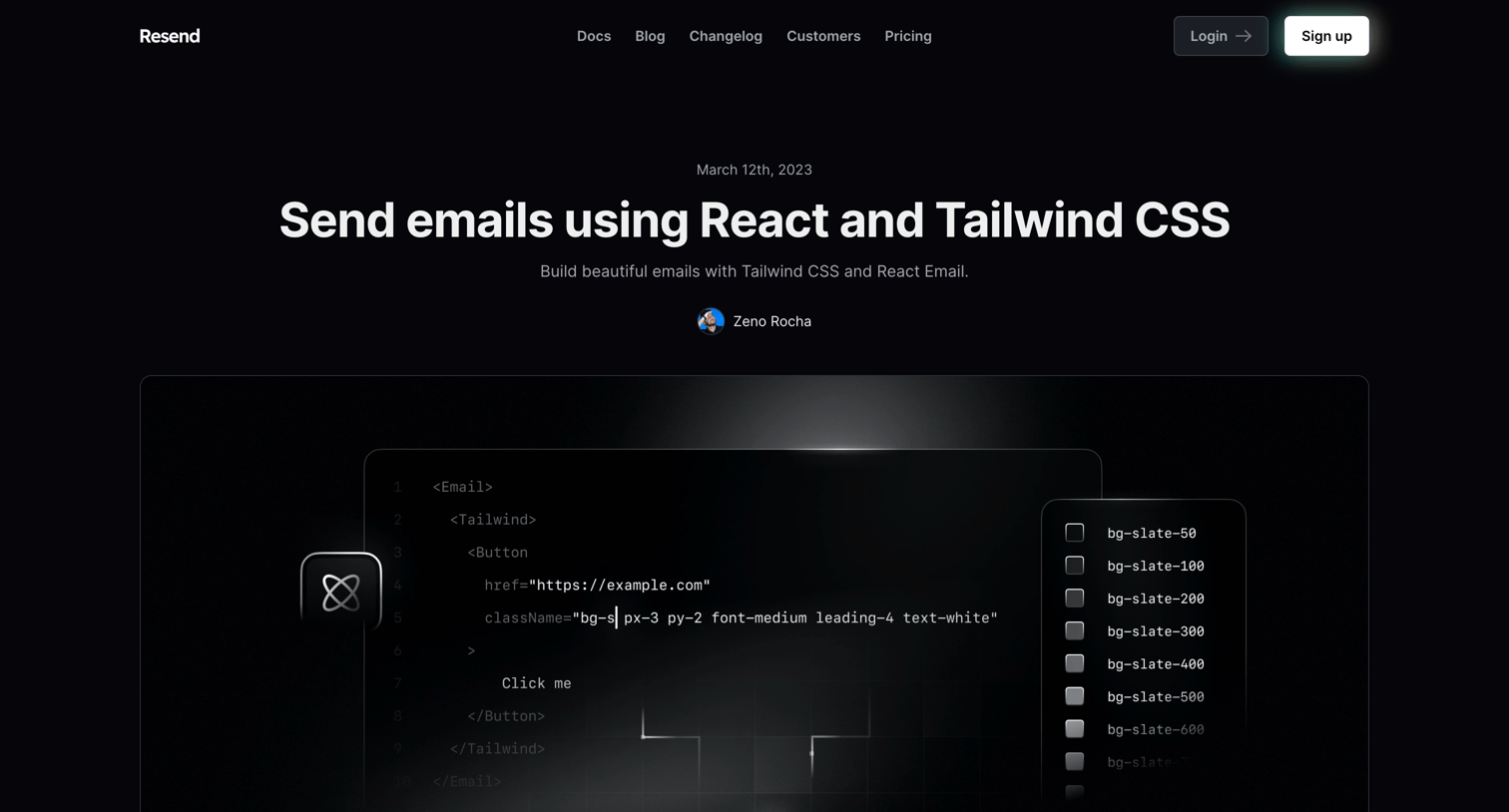Resend - Send emails using React and Tailwind CSS · Resend screen