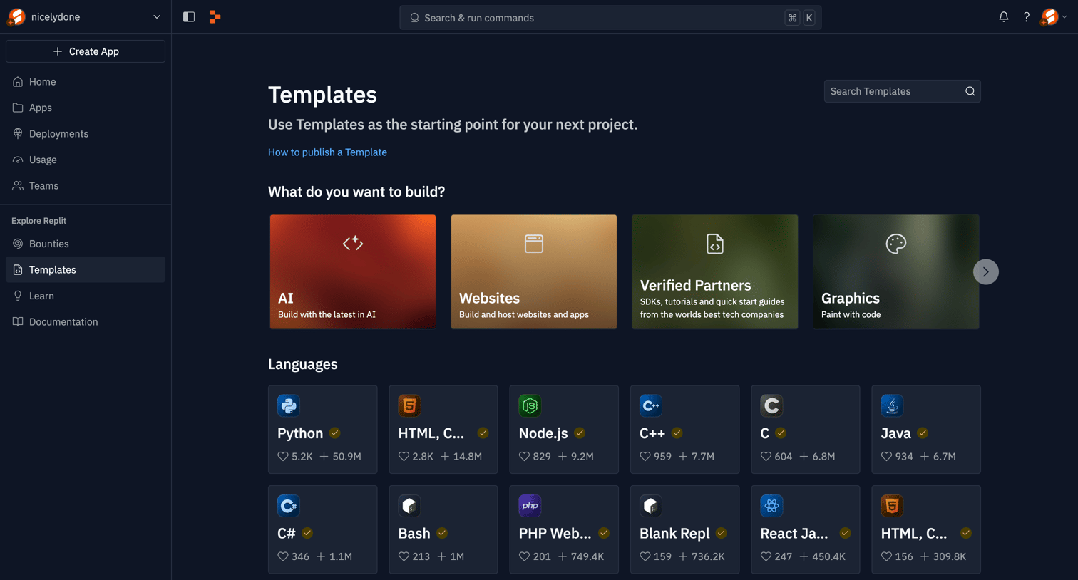 Replit - Templates - Replit screen