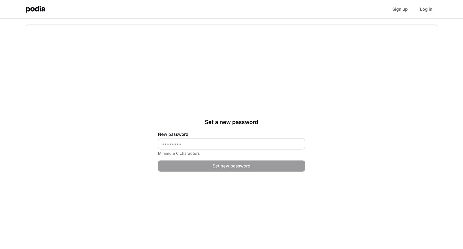 Podia - Podia Reset password screen