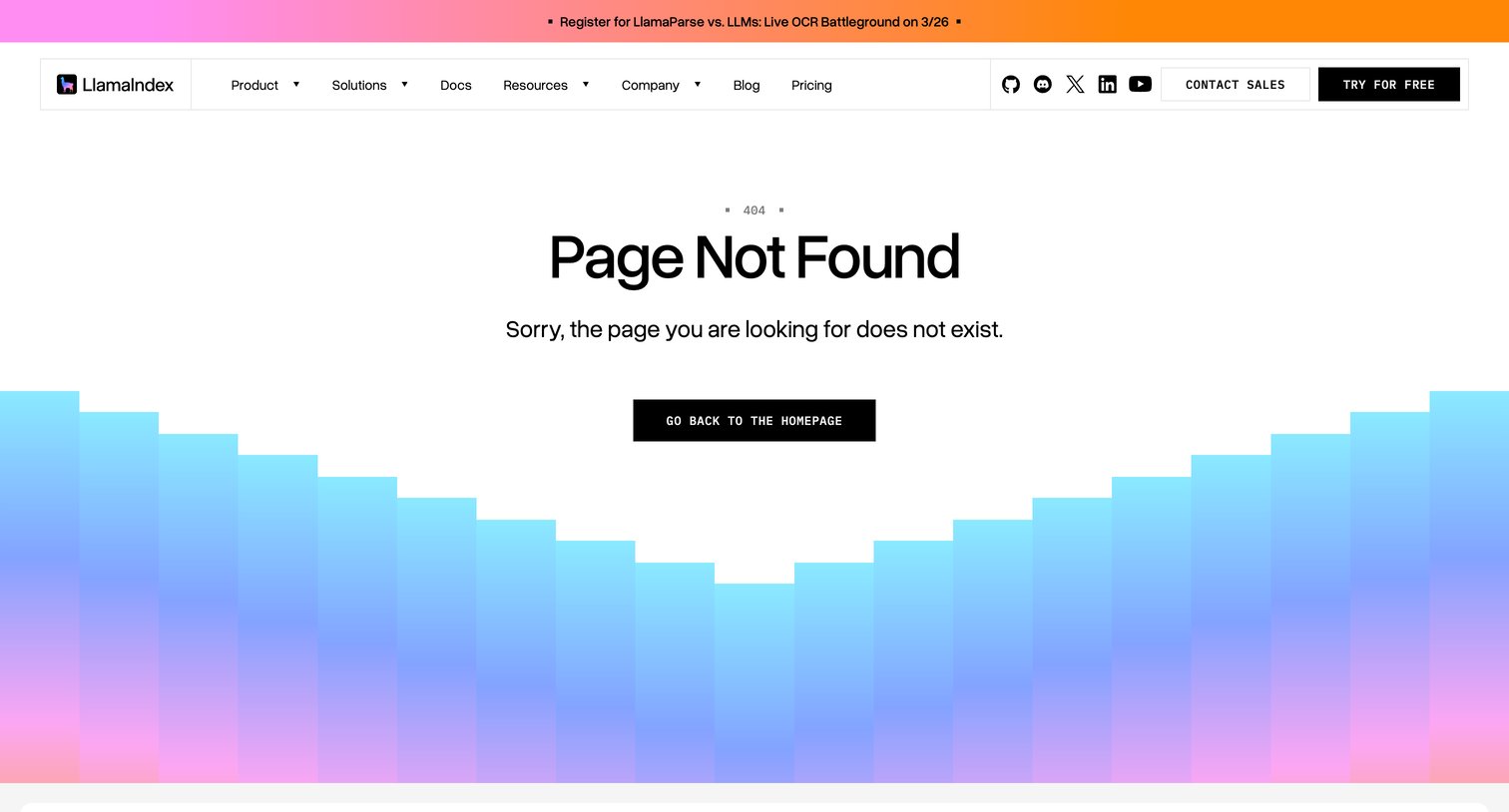Llamaindex - 404 • Page Not Found screen
