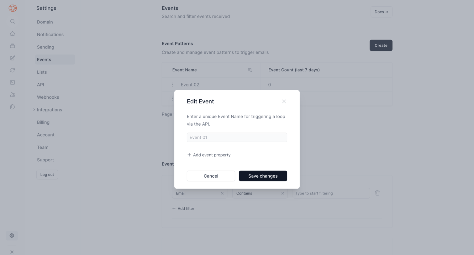 Loops - Settings | Events screen