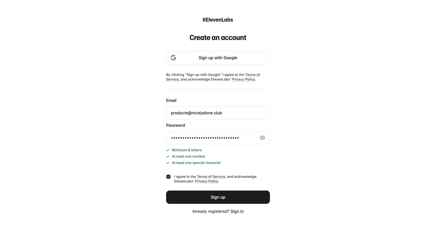 Elevenlabs - Sign Up | ElevenLabs screen