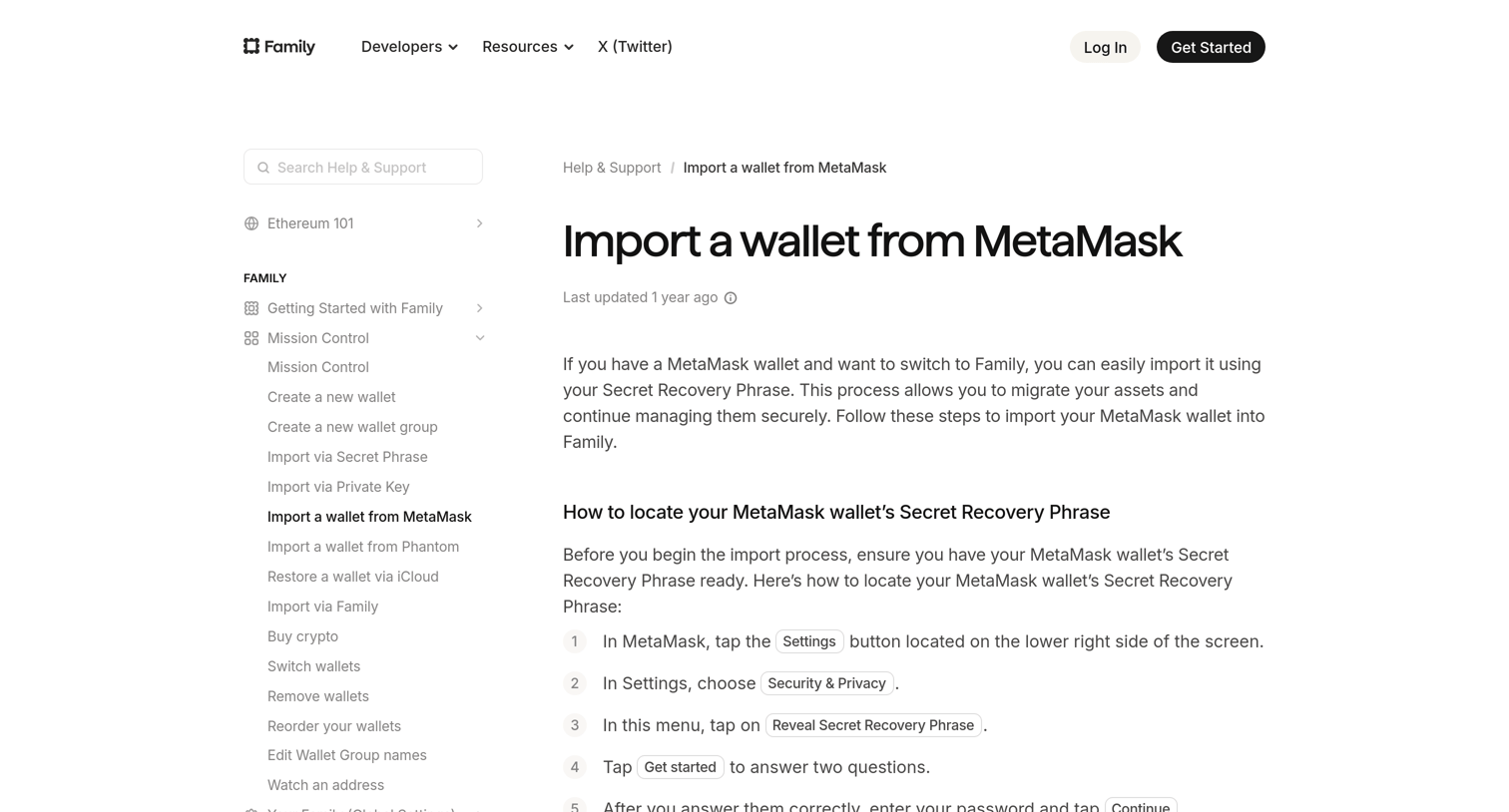 Family - Import a wallet from MetaMask | Family screen