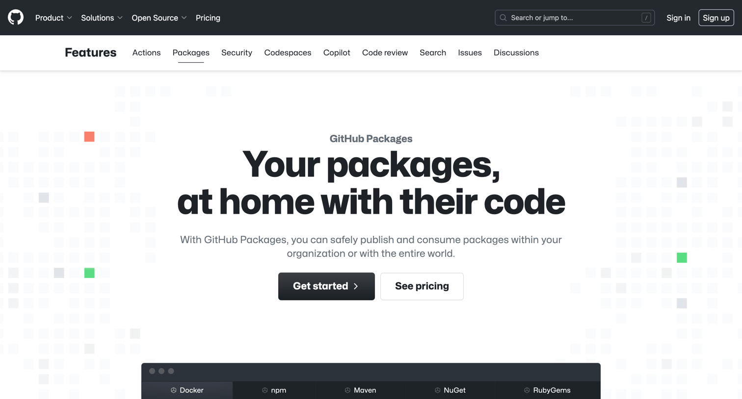 Github - GitHub Packages Your packages, at home with their code · GitHub screen