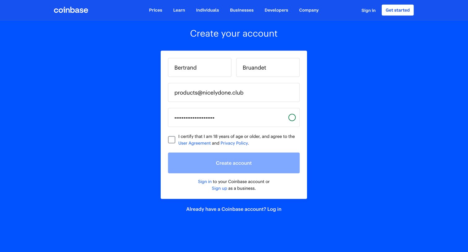 Coinbase - Sign Up - Coinbase screen