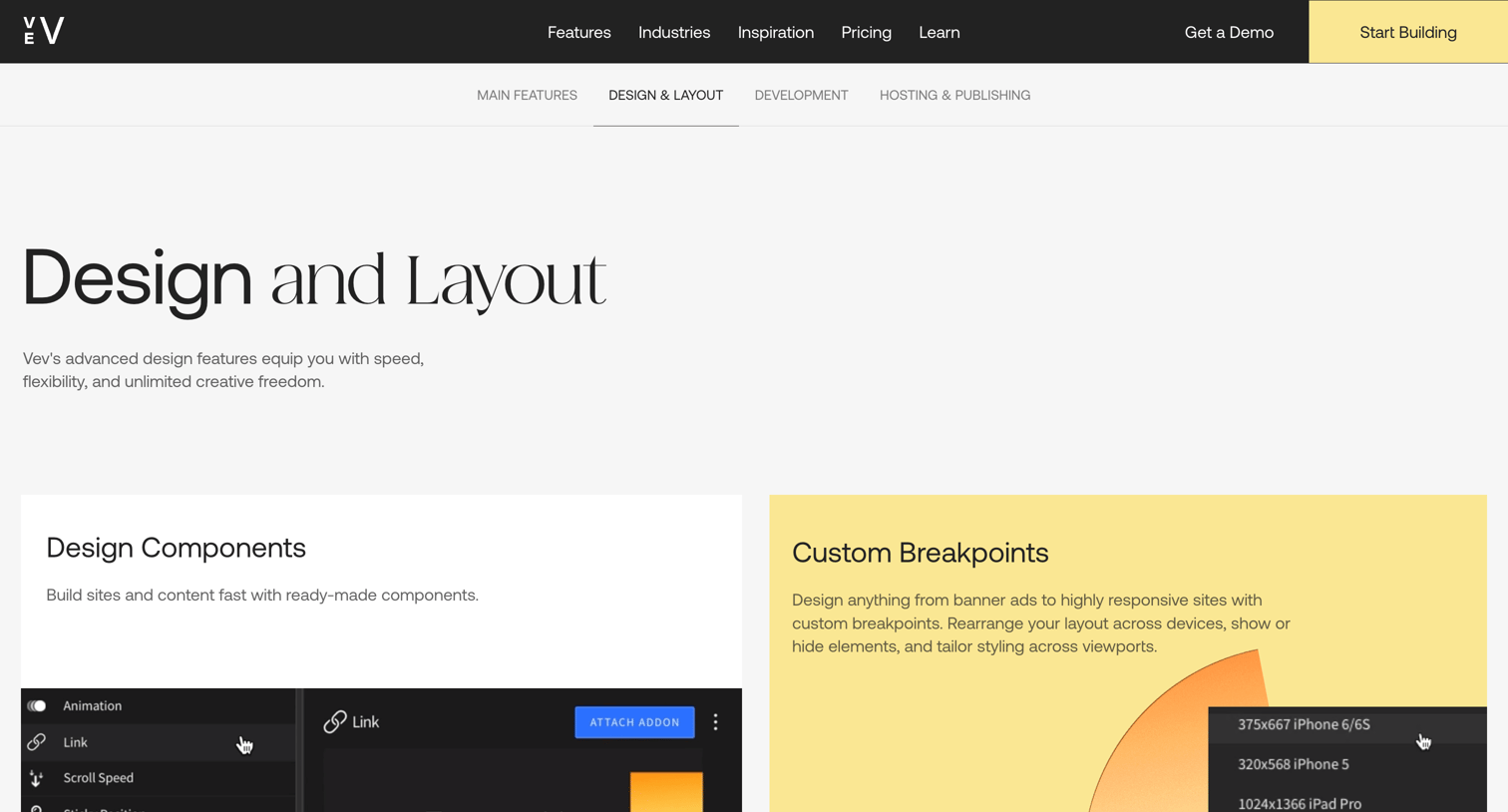 Vev - Features Design and layout screen