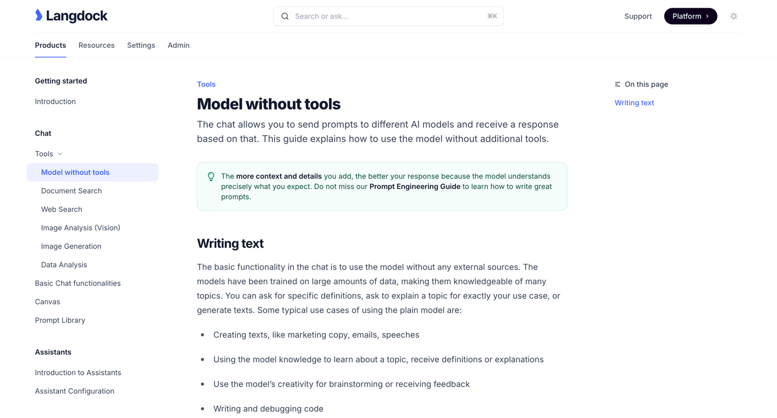 Langdock - Model without tools - Documentation screen