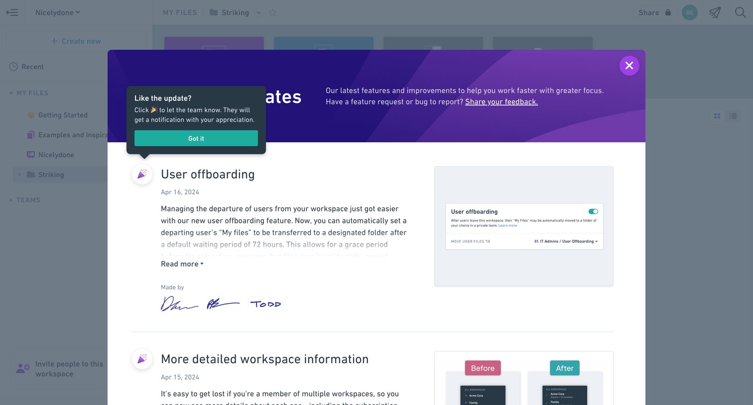 Whimsical - Product updates screen