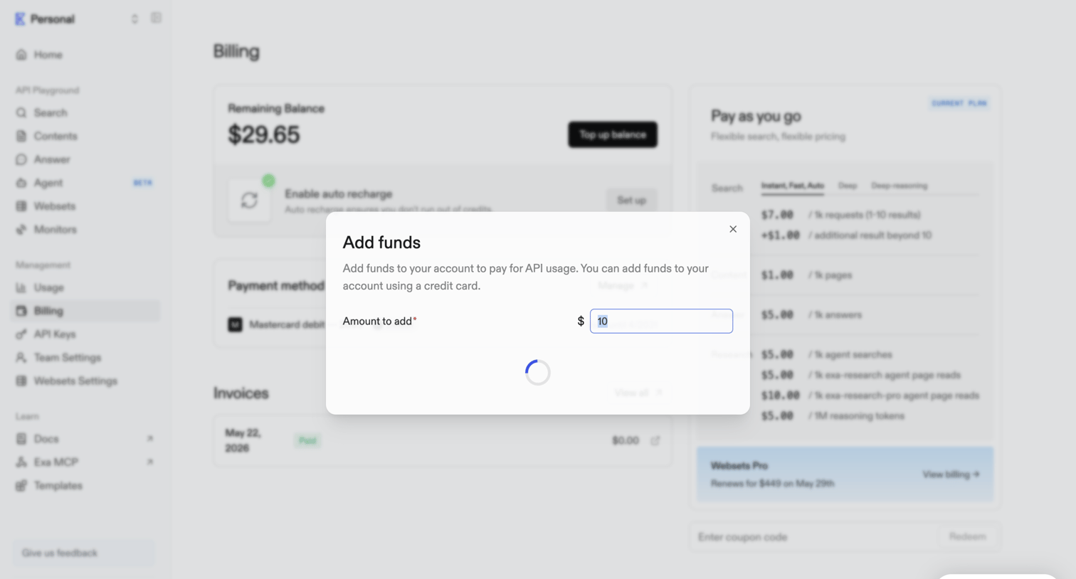 Exa - Billing | Exa API screen