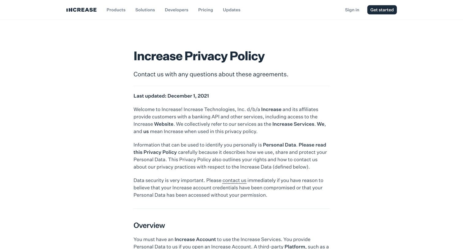 Increase - Increase Privacy Policy — Increase screen