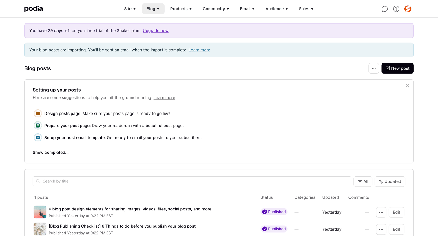 Podia - Podia Blog posts screen