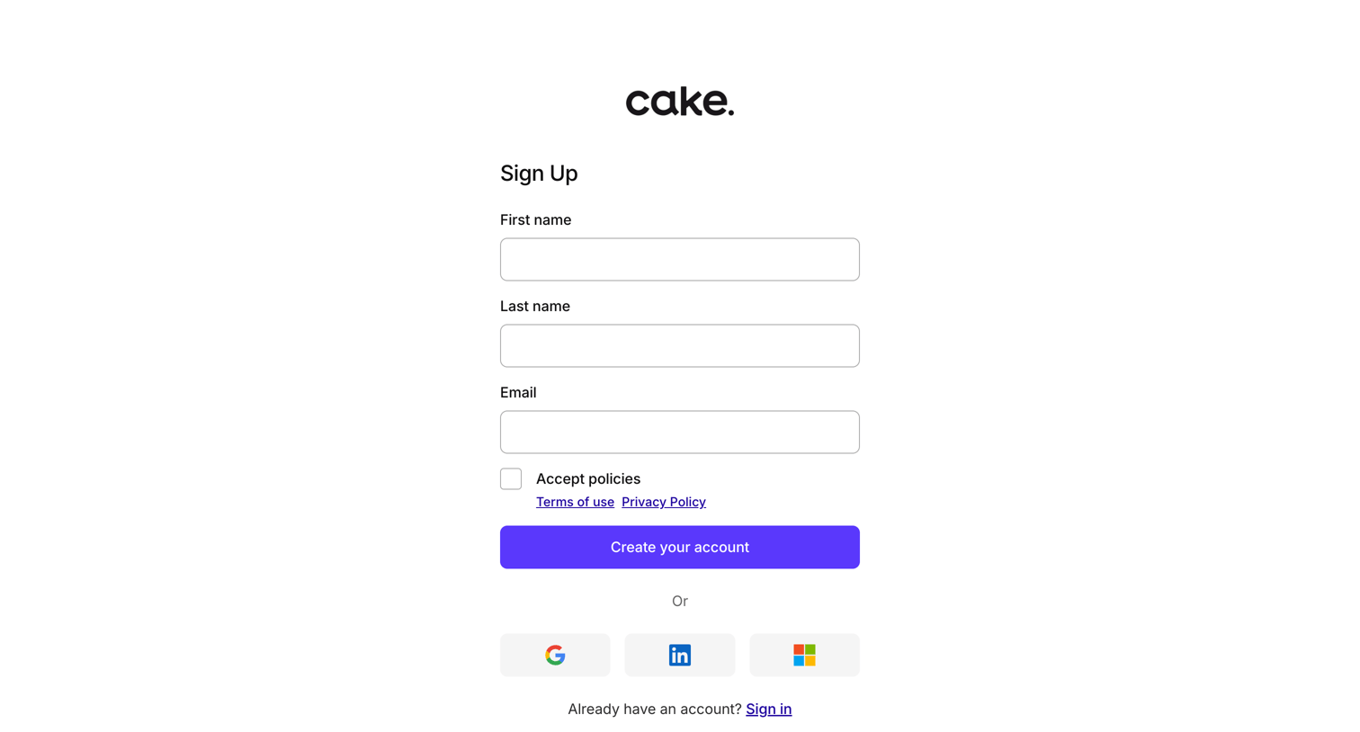 Cake - Sign up | Cake Equity screen