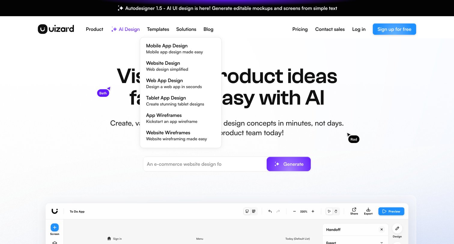 Uizard - Uizard | UI Design Made Easy, Powered By AI  Sign Up Free screen