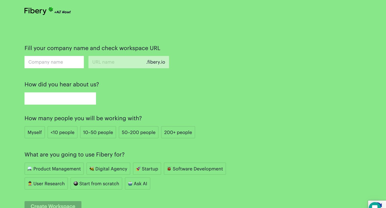 Fibery - Create workspace — Fibery — Fibery screen
