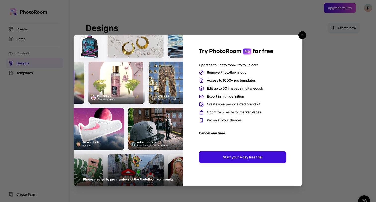 Photoroom - Your Content - Designs - PhotoRoom screen