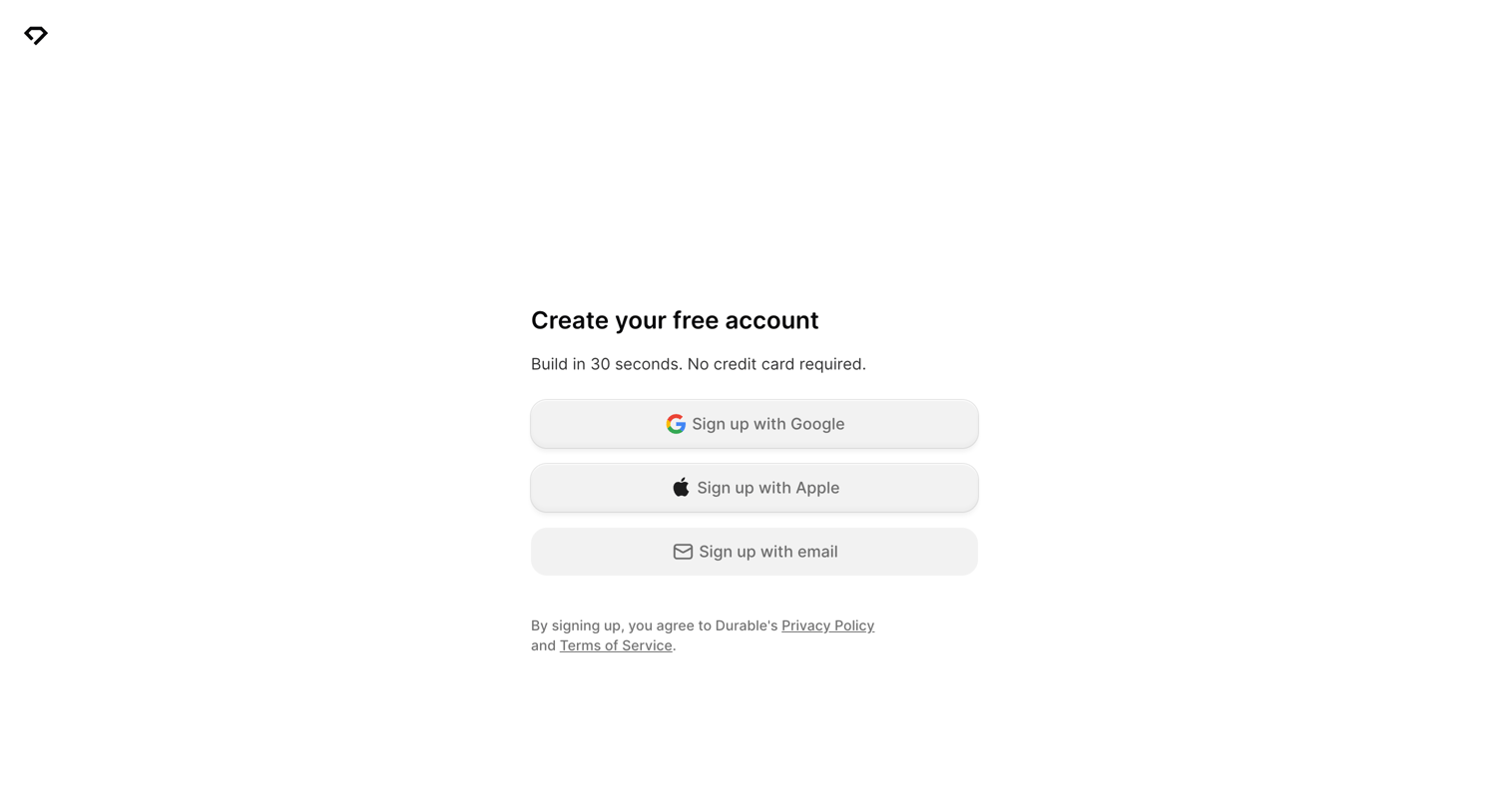 Durable - Durable Sign Up - Launch your site today screen
