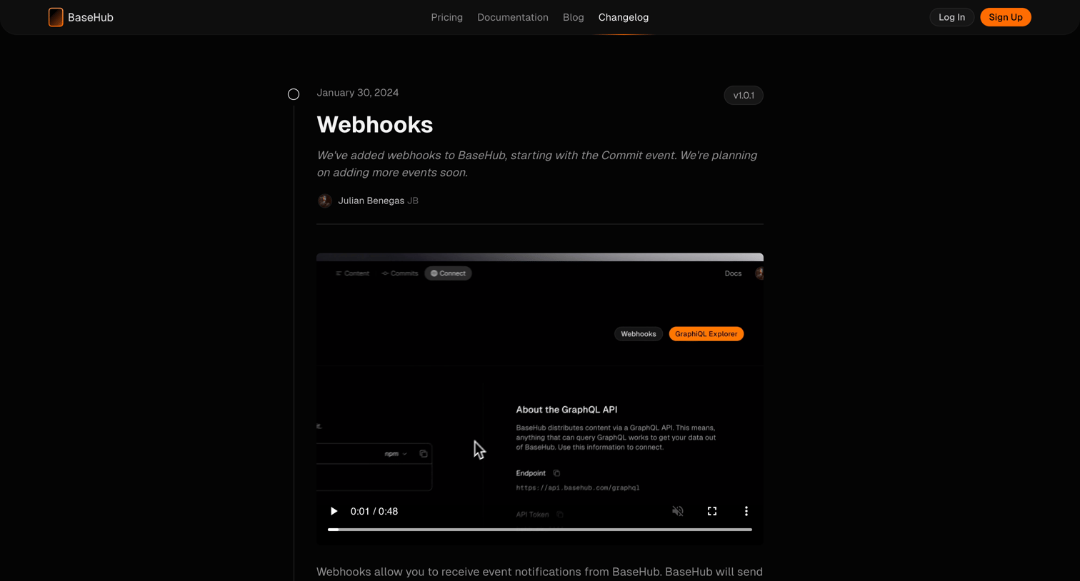 Basehub - Webhooks | Changelog — BaseHub screen