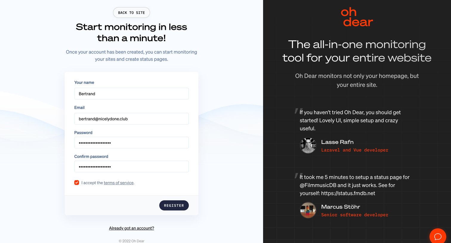 Oh Dear - Start monitoring for free - Oh Dear screen