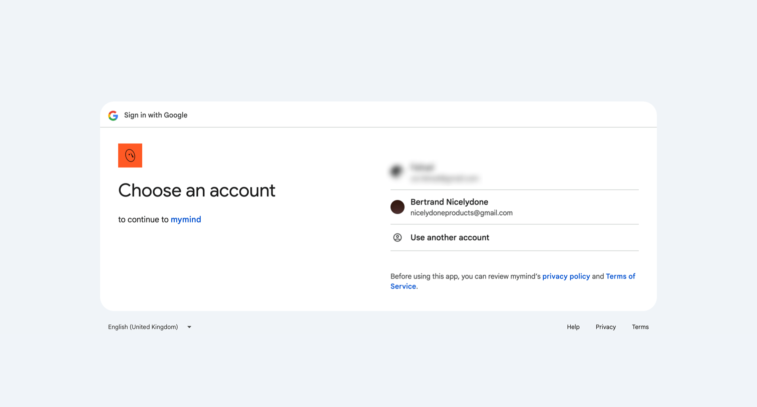 Mymind - Sign in – Google accounts screen