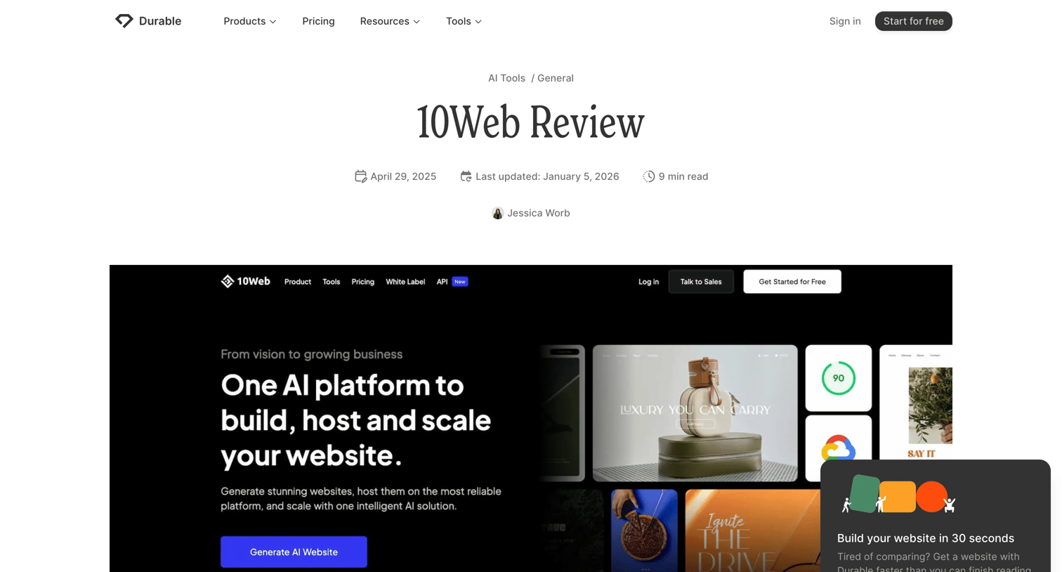 Durable - 10Web Review AI Website Builder, Pros & Cons, and Real Limitations screen