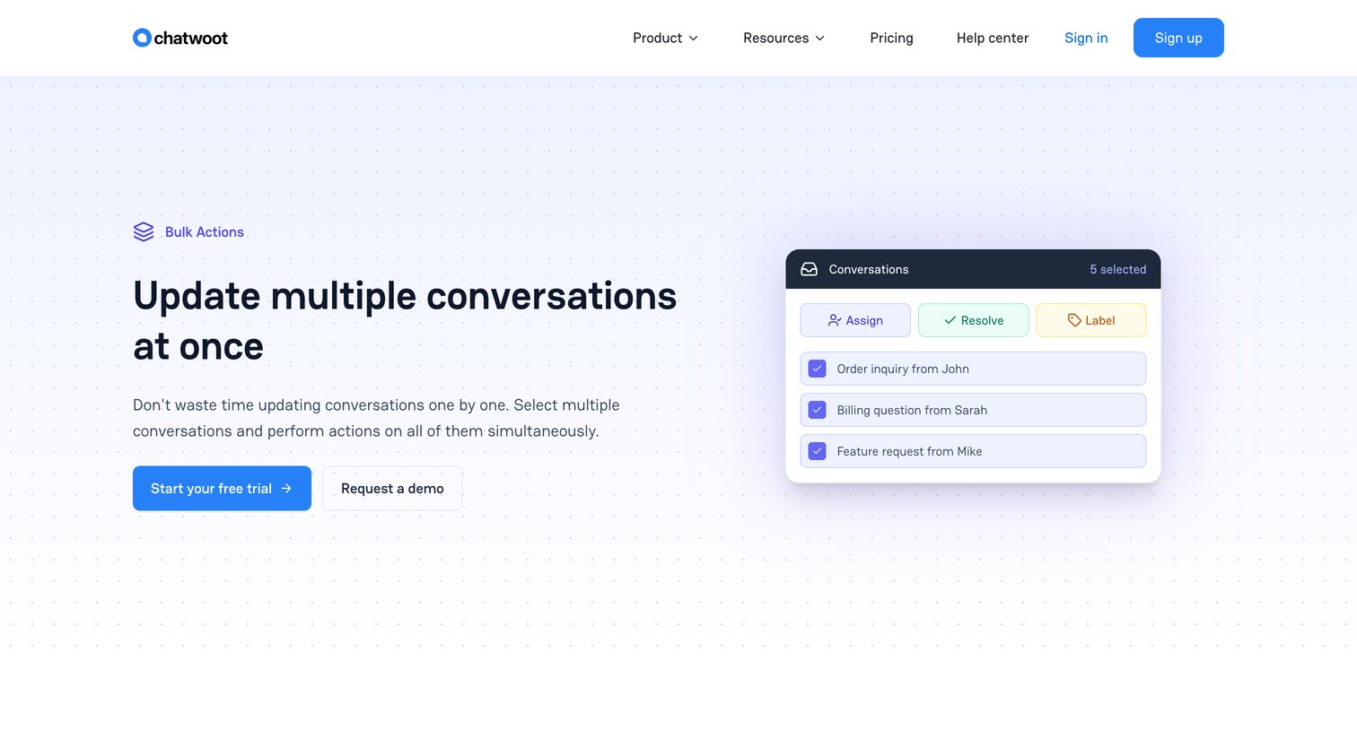 Chatwoot - Bulk Actions  Chatwoot screen