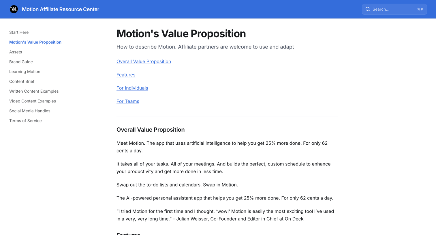 Motion - Motions Value Proposition | Motion Affiliate Resource Center screen