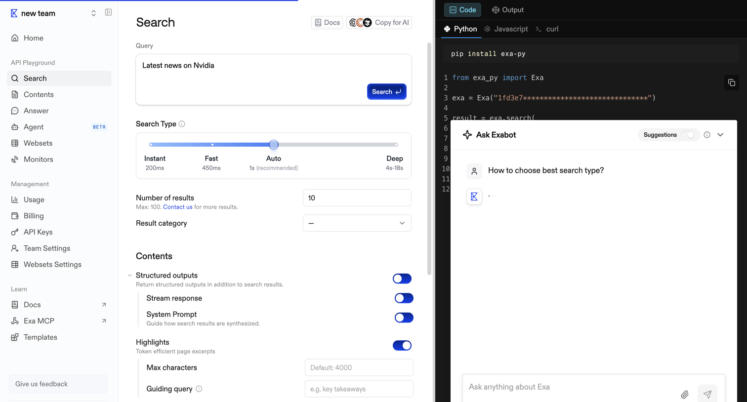 Exa - Playground | Exa API screen