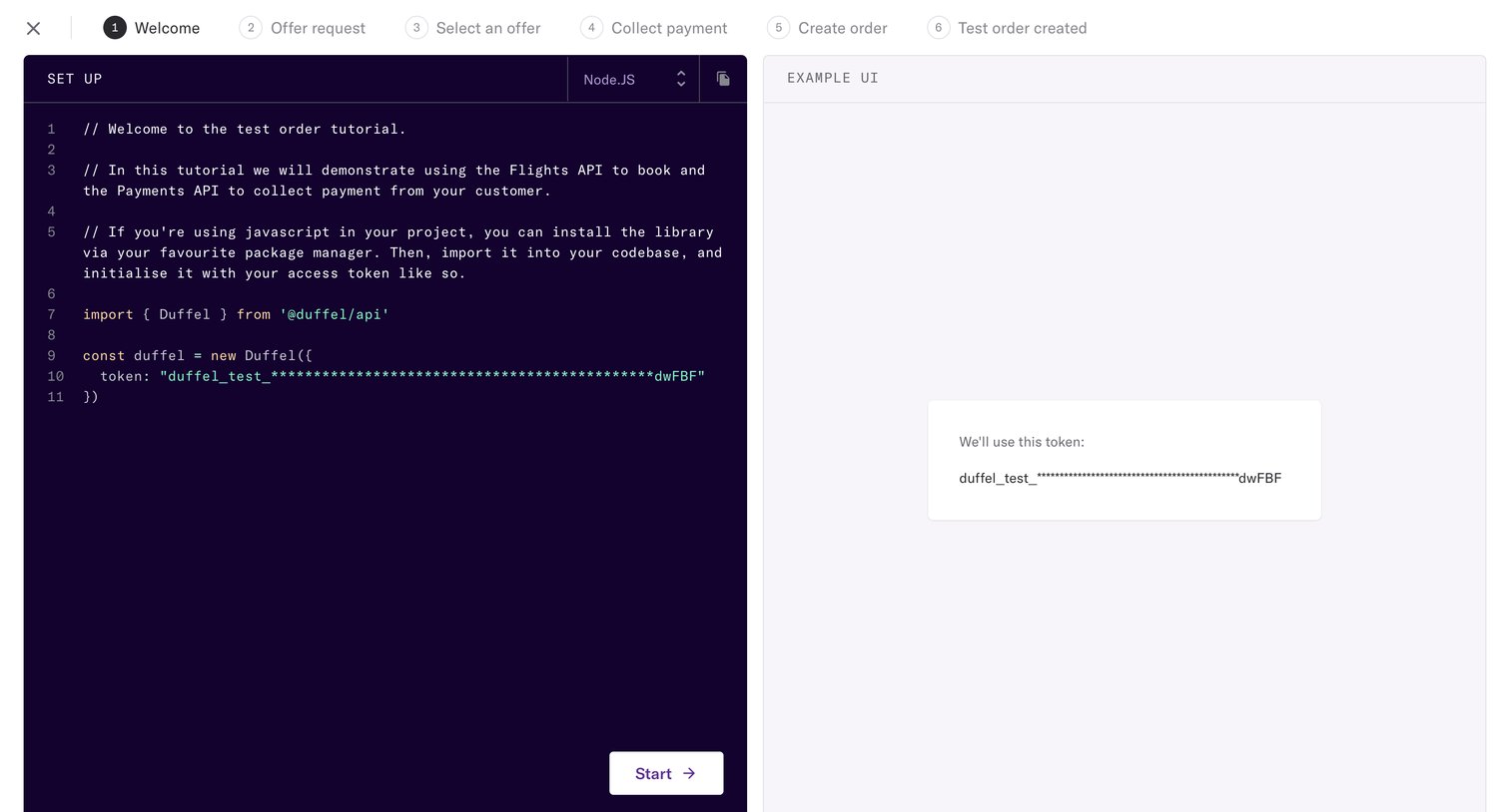 Duffel - Duffel – Welcome to the test order tutorial screen