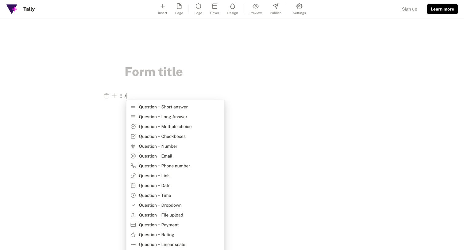 Tally - Create form - Tally screen