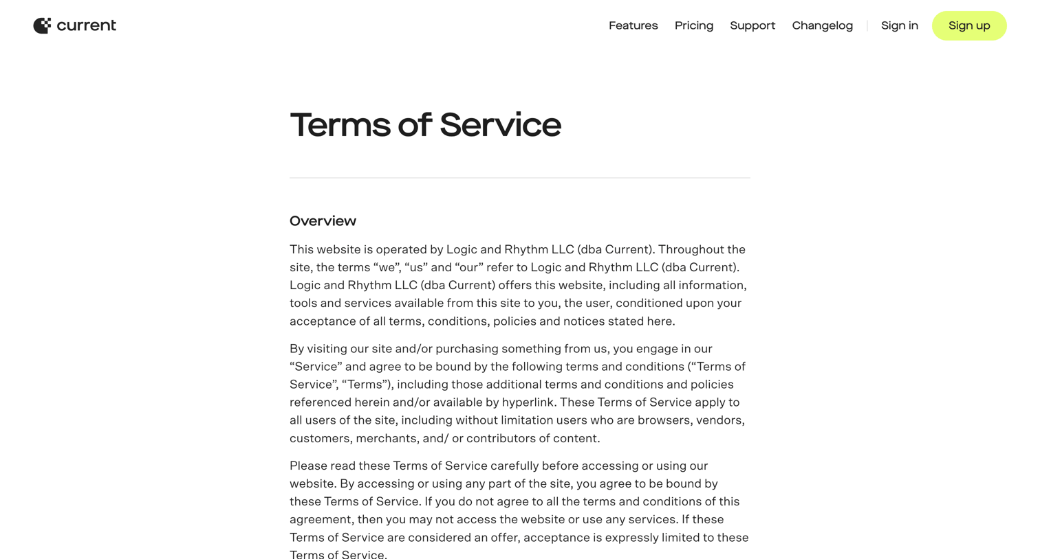 Current - Current - Terms of Service screen