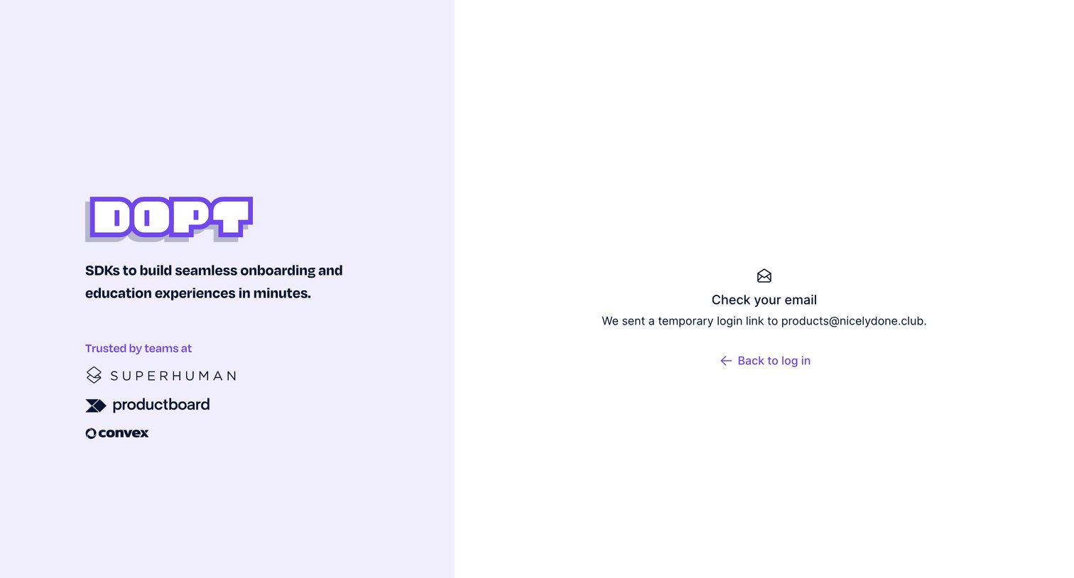 Dopt - Log in screen