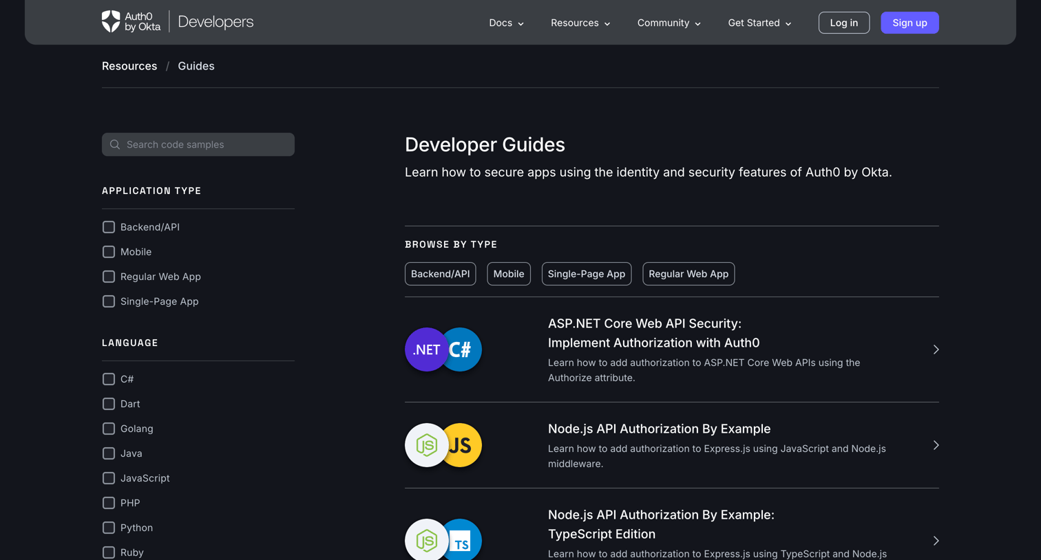 Auth0 - Auth0 Authentication and Authorization Developer Guides screen