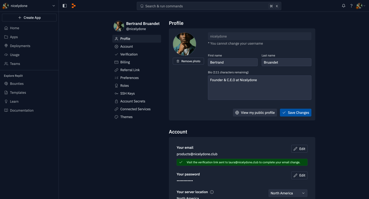 Replit - Account - Replit screen