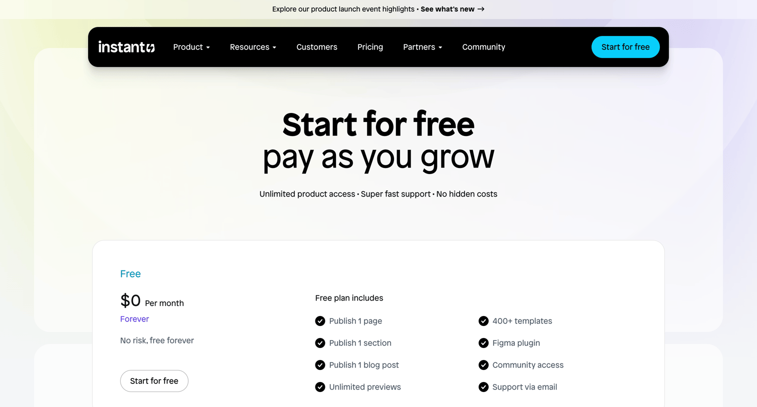 Instant - Pricing | Start for Free, Pay as you Grow Instant screen