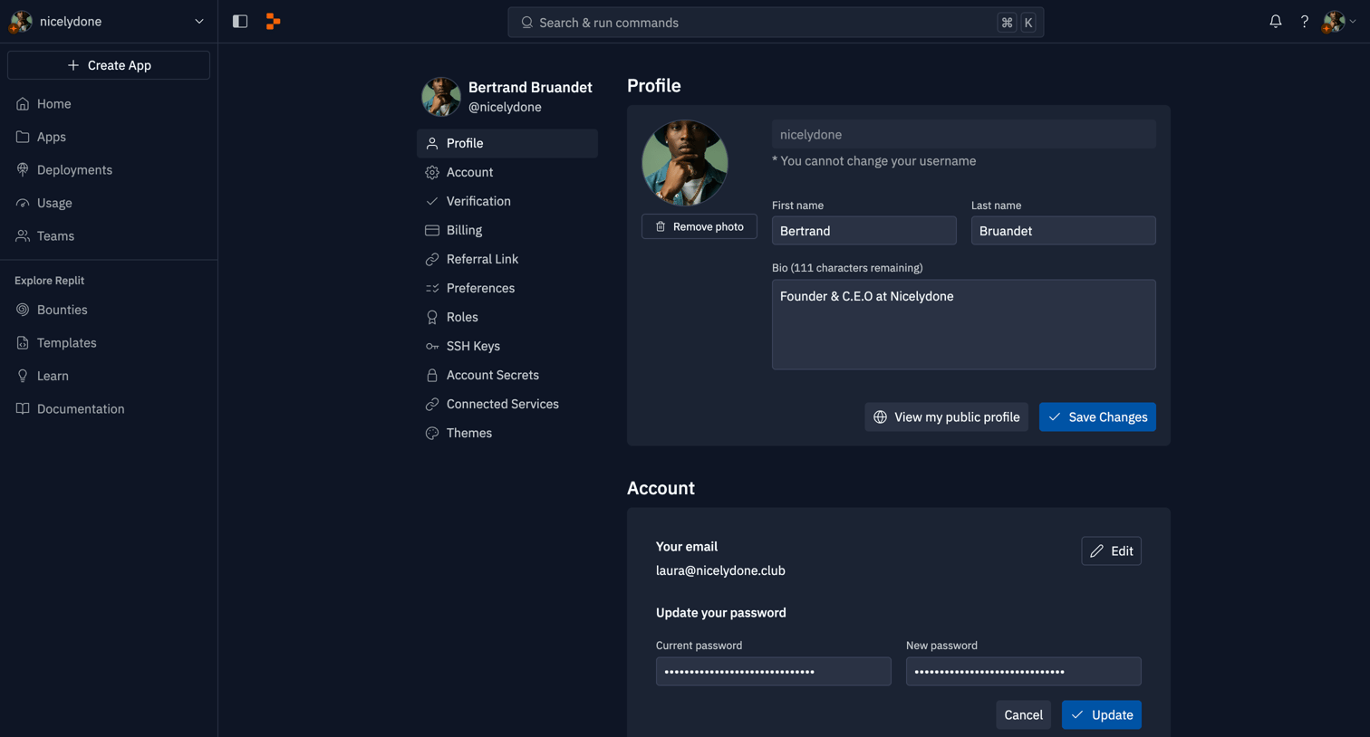 Replit - Account - Replit screen