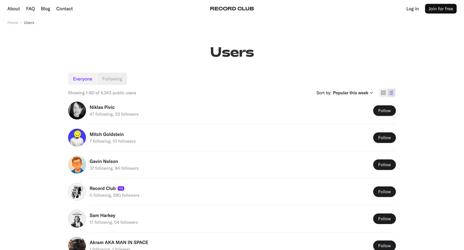 Record club - Users – Record Club screen