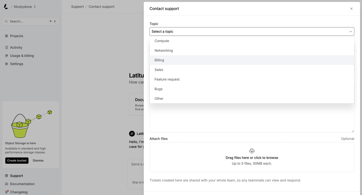 Latitude.sh - Contact support – Dashboard - Latitude.sh screen