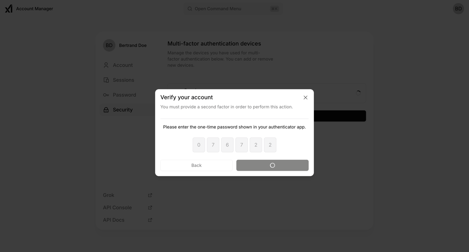 Grok - Multi-factor authentication devices | xAI Single-Sign On screen