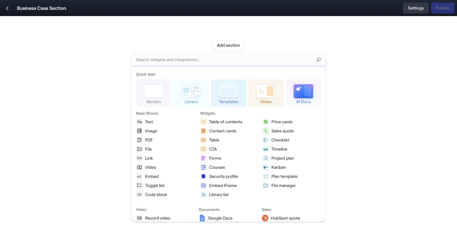 Dock - Editing: Business Case Section screen
