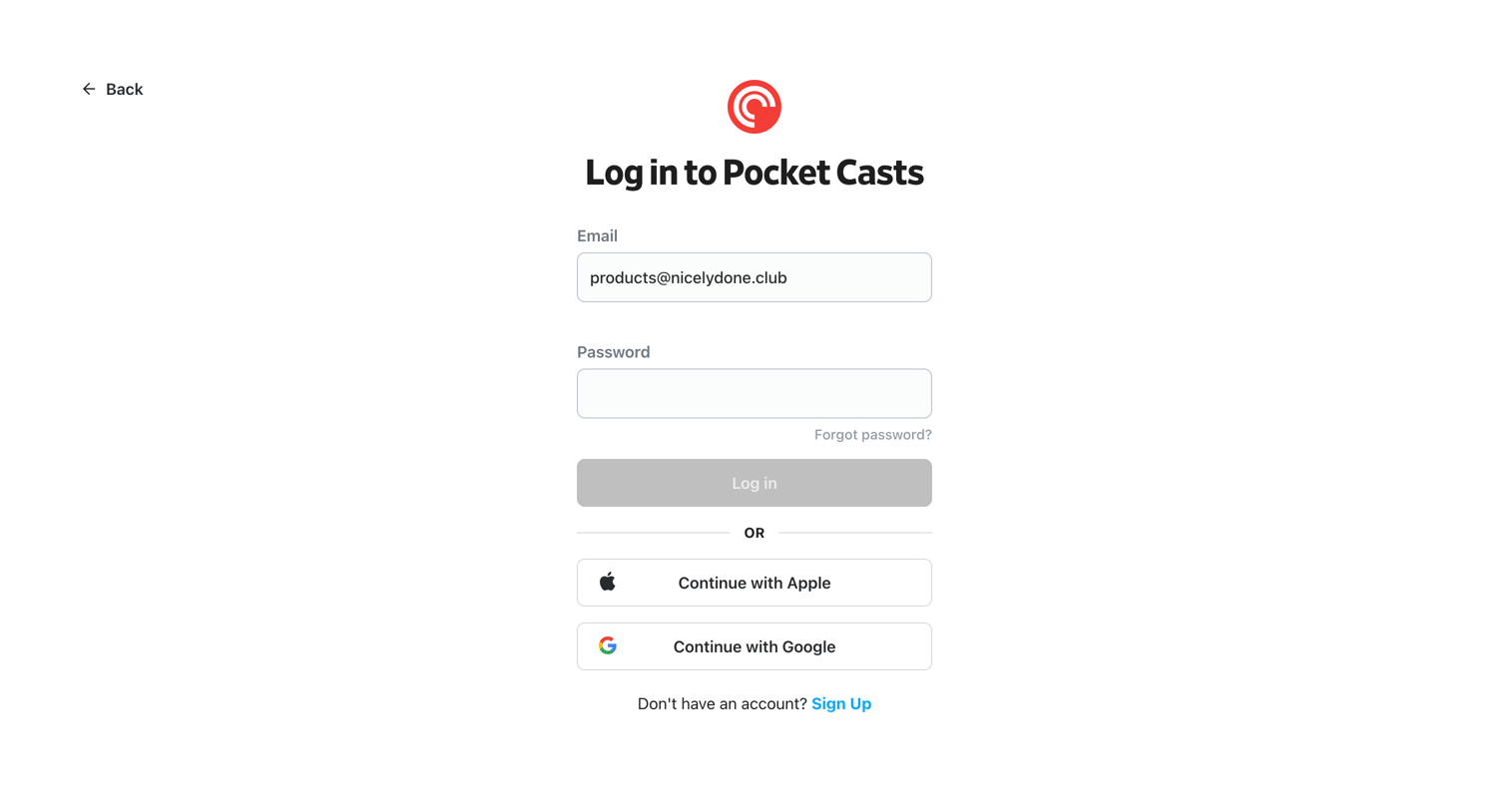 Pocket Casts - Log in - Pocket Casts screen