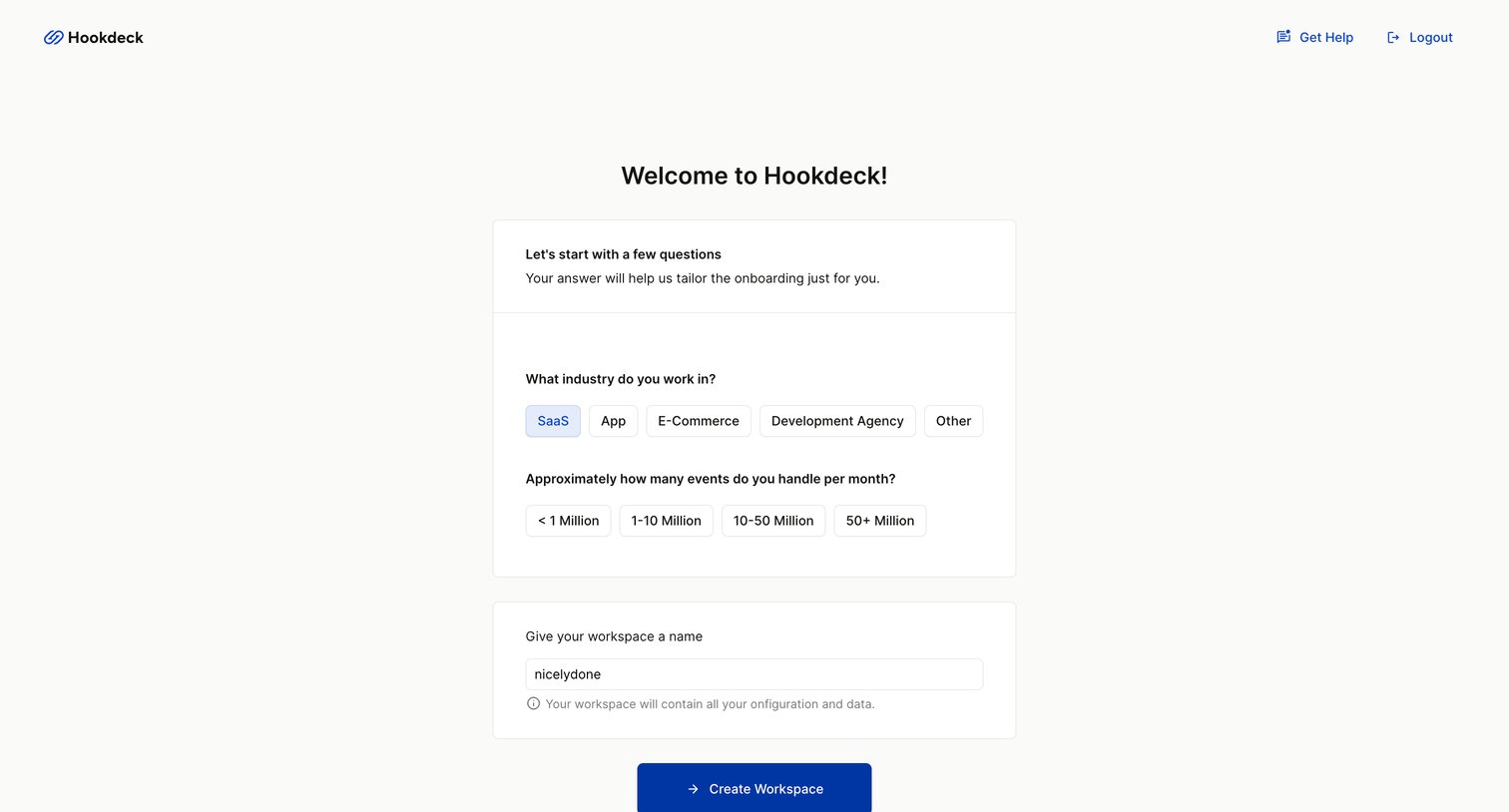 Hookdeck - Onboarding - Workspace - Hookdeck screen