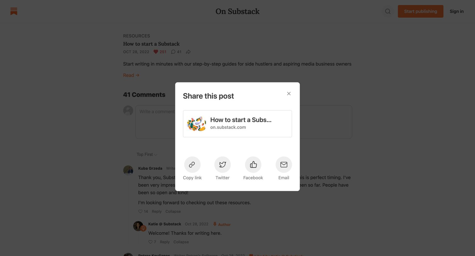 Substack - Comments - How to start a Substack - On Substack screen