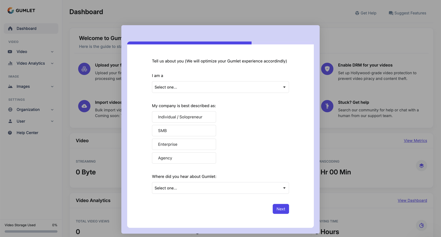 Gumlet - Dashboard - Gumlet screen