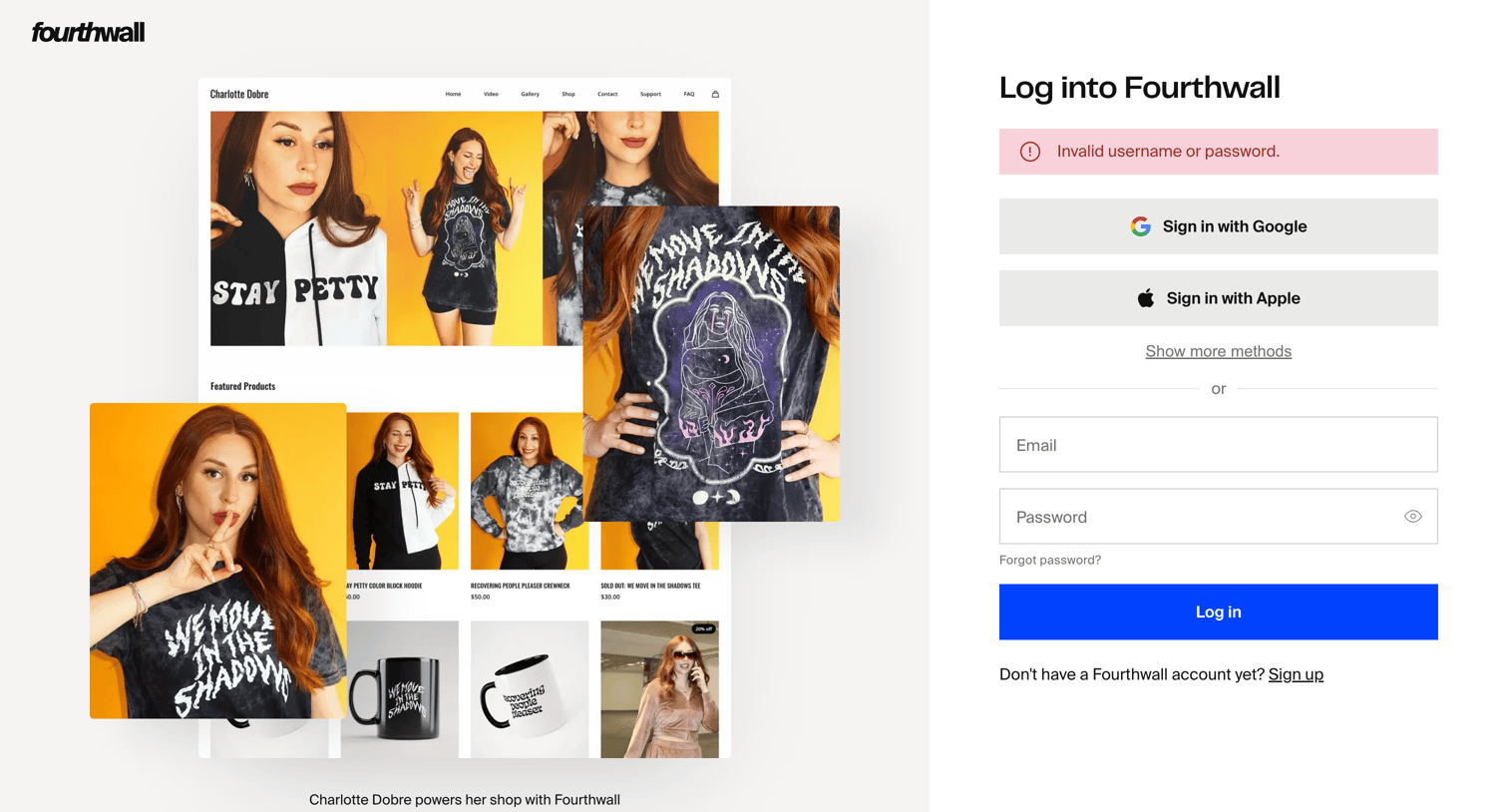 Fourthwall - Log into Fourthwall | Fourthwall screen