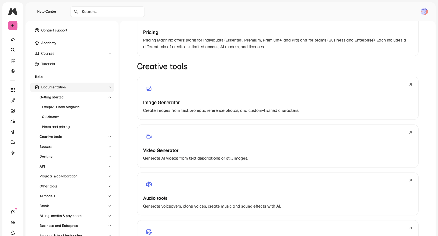 Magnific - Welcome to the Magnific Help Center | AI Suite Documentation screen